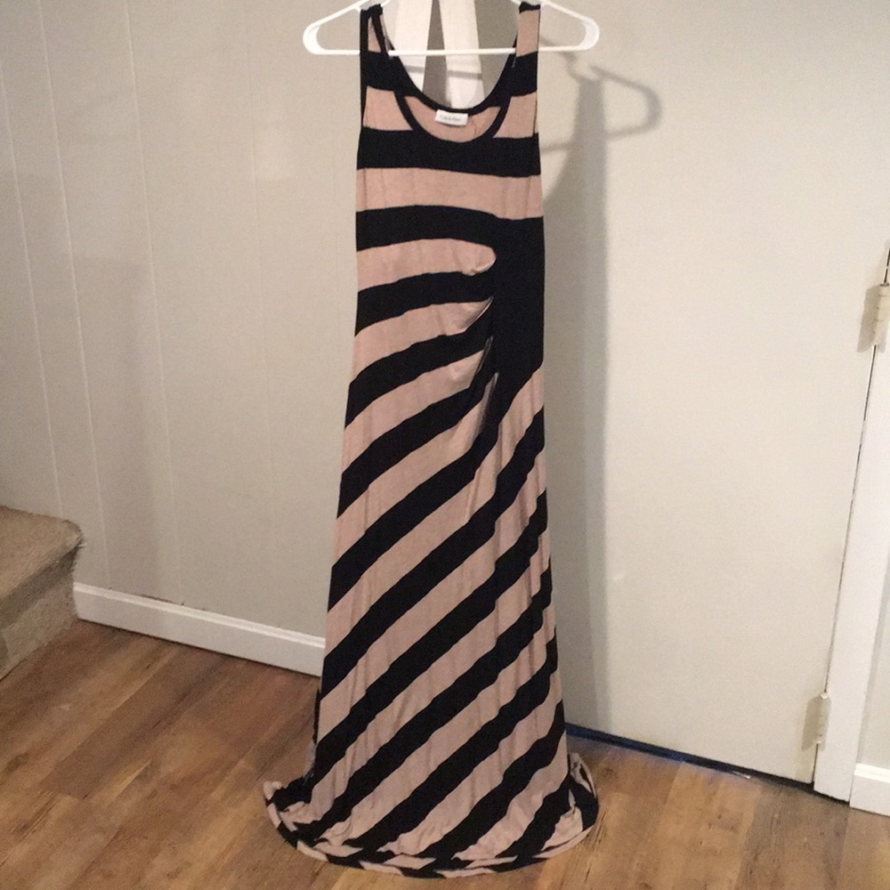 Black+Beige Asymmetrical Cinching Maxi Dress
